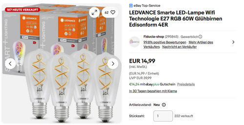 LEDVANCE Smarte LED-Lampe Wifi Technologie E27 4er Pack