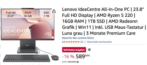 Lenovo 23.8" IdeaCentre 24AKP10 All-In-One PC in Luna grau (AMD Ryzen 5 220, 16GB RAM, 1TB SSD, Win11)