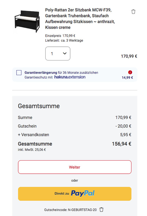 MCW-F39 Poly-Rattan 2er Sitzbank mit Staufach in Anthrazit/Creme