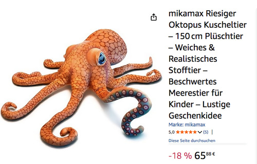 Mikamax 150 cm Oktopus Kuscheltier