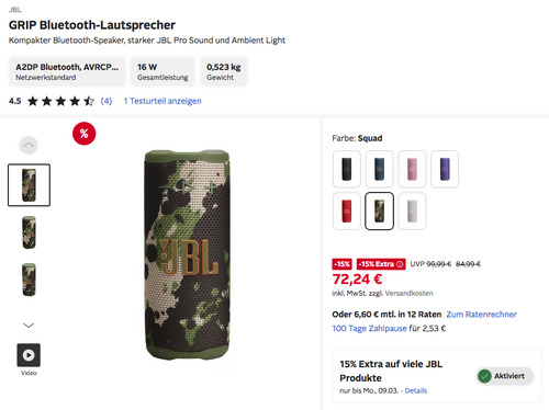 Otto.de - 15% Rabatt auf ausgewählte JBL Produkte: z.B. JBL GRIP Bluetooth-Lautsprecher in Squad