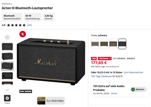 Otto.de - 15% Rabatt auf ausgewählte Audio-Produkte: z.B. MARSHALL Acton III Bluetooth-Lautsprecher in Schwarz