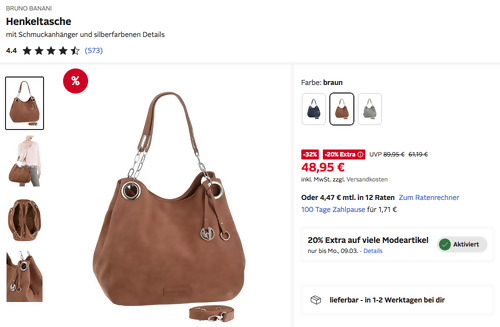 Otto.de - 20% Rabatt auf ausgewählte Modeartikel: z.B. BRUNO BANANI Henkeltasche mit Schmuckanhänger in Braun