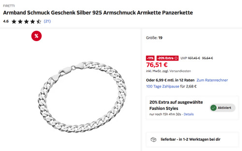 Otto.de - 20% Rabatt auf Fashion Styles: z.B. FIRETTI Armband Silber 925 Panzerkette in Größe 19