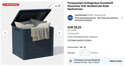Prosperplast 140L Kunststoff Auflagenbox Kissenbox in Anthrazit, 460 × 585 × 550 mm