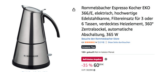 Rommelsbacher Espresso Kocher EKO 366/E, Edelstahlkanne