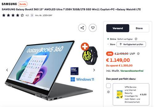 SAMSUNG Galaxy Book5 360 15" AMOLED Ultra 7 258V 32GB/1TB SSD Win11 Copilot+PC Notebook inkl. Galaxy Watch6 LTE