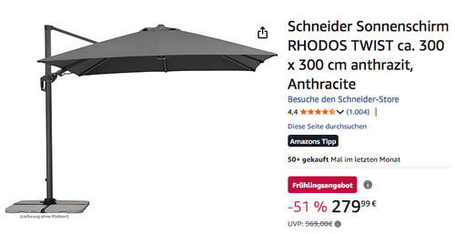 Schnieder 2730-1501 Sonnenschirm Rhodos Twist 300 x 300 cm in Anthrazit