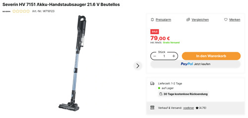 Severin HV 7151 Akku-Handstaubsauger (Beutellos, 21.6 V, LED-Beleuchtung)