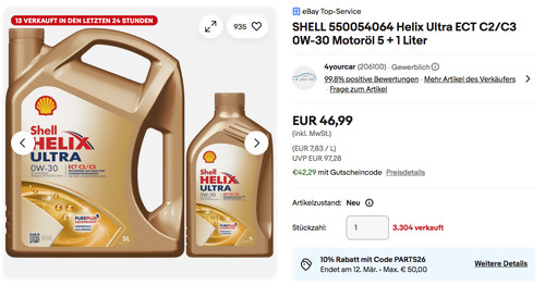 SHELL 550054064 Helix Ultra ECT C2/C3 0W-30 Motoröl 5 + 1 Liter SHELL 550054064 Helix Ultra ECT C2/C3 0W-30 Motoröl 5 + 1 Liter