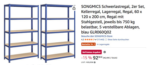 SONGMICS GLR060Q02 60 x 120 x 200 cm Schwerlastregal 2er Set in Blau