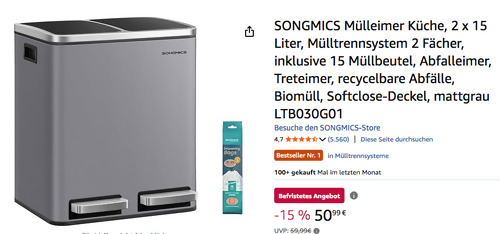 SONGMICS LTB030G01 2 x 15 Liter Mülltrennsystem in Mattgrau, Softclose-Deckel