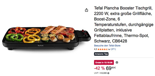 Tefal CB6428 Plancha Booster Tischgrill, 2200 W