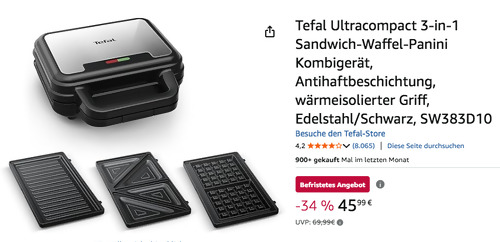 Tefal SW383D10 3-in-1 Sandwich-Waffel-Panini Kombigerät