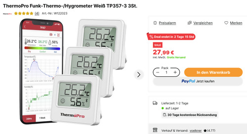 ThermoPro Funk-Thermo-/Hygrometer Weiß TP357-3 3er Pack ThermoPro Funk-Thermo-/Hygrometer Weiß TP357-3 3er Pack