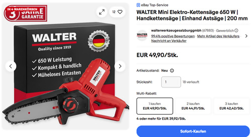 WALTER 650 W Mini Elektro-Kettensäge, 200 mm Schwertlänge
