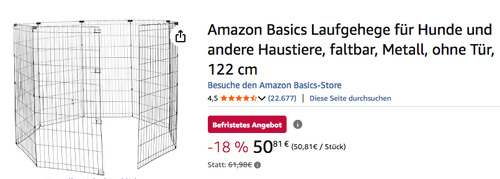 Amazon Basics 1.85 m² Laufgehege für Haustiere, 122 cm hoch