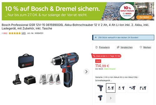 Bosch Professional GSR 12V-15 0615990G6L Akku-Bohrschrauber mit Zubehör