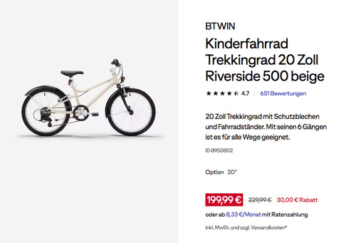 BTWIN  Kinderfahrrad Trekkingrad 20 Zoll Riverside 500 beige