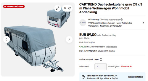 CARTREND 10255 Dachschutzplane grau 7,5 x 3 m CARTREND 10255 Dachschutzplane grau 7,5 x 3 m