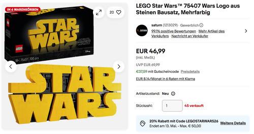 Ebay - 20% Rabatt ausgewählte LEGO Sets: z.B. LEGO Star Wars 75407 Wars Logo aus Steinen Bausatz