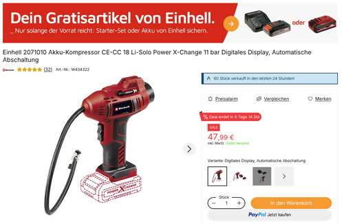 Einhell 2071010 Akku-Kompressor CE-CC 18 Li-Solo inkl. Einhell PXC Starter Kit 18 V 2,5 Ah