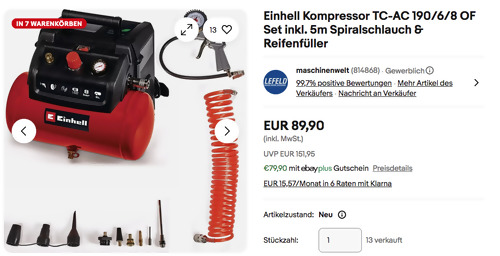 Einhell Kompressor TC-AC 190/6/8 OF Set inkl. 5m Spiralschlauch & Reifenfüller