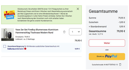 FineBuy Aluminium Hammerschlag Blumenvase 2er Set inkl. 10 Netto Marken-Discount Filialgutschein