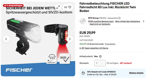 FISCHER LED Fahrradlicht 80 Lux inkl. Rücklicht Twin Boden