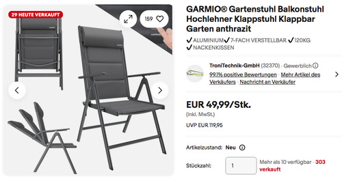 GARMIO Gartenstuhl Balkonstuhl FLORENZ in Anthrazit, 7-Fach Verstellbar