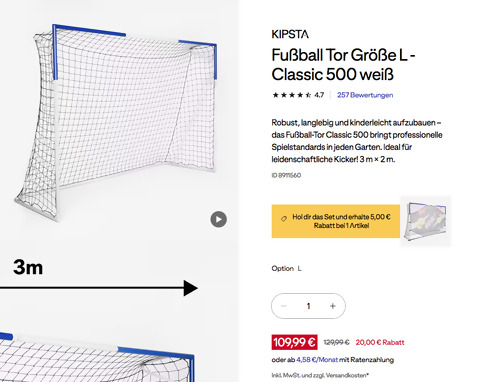 KIPSTA Fußball Tor Größe L - Classic 500 weiß, 3 m × 2 m
