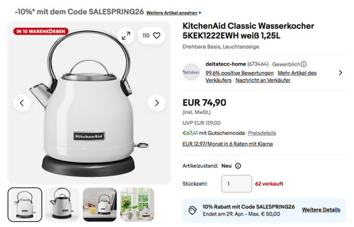 KitchenAid 5KEK1222EWH 1,25L Classic Wasserkocher in Weiß