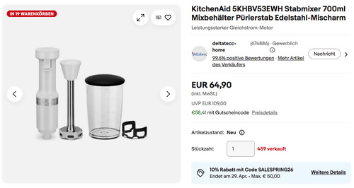 KitchenAid 5KHBV53EWH Stabmixer, 180 Watt Leistung