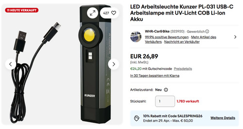 Kunzer PL-031 Arbeitslampe (COB-Arbeitslicht, SMD-Kopfstrahler, UV-Lampe, USB-C)