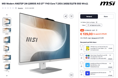 MSI Modern AM272P 1M-1289DE 27" All-in-One PC (Core 7 150U 16GB/512TB SSD Win11) MSI Modern AM272P 1M-1289DE 27" All-in-One PC (Core 7 150U 16GB/512TB SSD Win11)