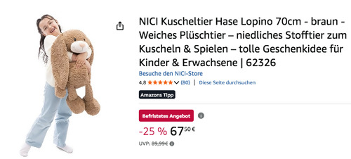 NICI 62326 Kuscheltier Hase Lopino 70cm