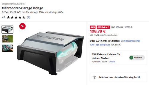 Otto.de - 15% Rabatt auf Gartenartikel: z.B. BOSCH HOME & GARDEN 50x27,5x51 cm Mähroboter-Garage Indego