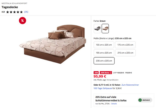 Otto.de - 20% Rabatt auf Schlafzimmermöbel & Sofas: z.B. WESTFALIA SCHLAFKOMFORT 235 cm x 225 cm Tagesdecke in Braun