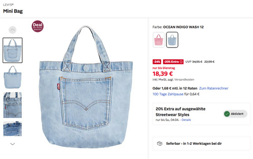 Otto.de - 20% Rabatt auf Streetwear Styles: z.B. LEVI'S Mini Bag OCEAN INDIGO WASH 12
