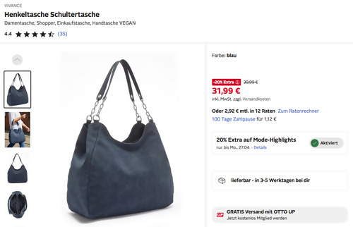 Otto.de - Mind. 20% Rabatt auf  Mode-Highlights: z.B.VIVANCE Henkeltasche Schultertasche in Blau