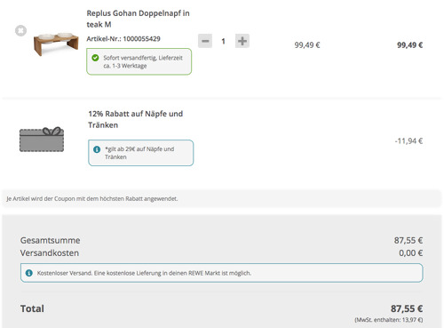 Replus 2x1,0 Liter Gohan Doppelnapf in Teak M