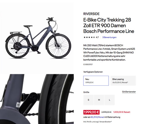 RIVERSIDE E-Bike City Trekking 28 Zoll ETR 900 Damen Bosch Performance Line, S - L RIVERSIDE E-Bike City Trekking 28 Zoll ETR 900 Damen Bosch Performance Line, S - L