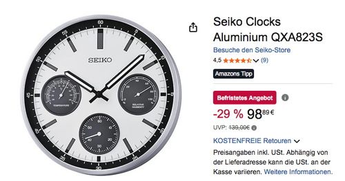 Seiko QXA823S Ø 33cm Wanduhr, Aluminium