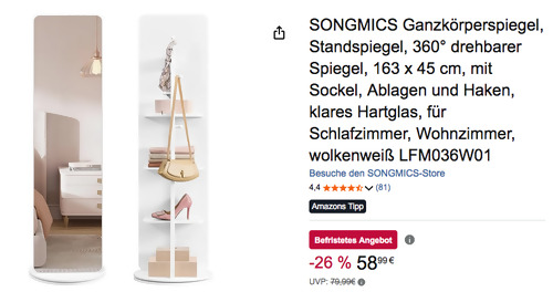 SONGMICS LFM036W01 Ganzkörperspiegel 360° drehbar, 163 x 45 cm