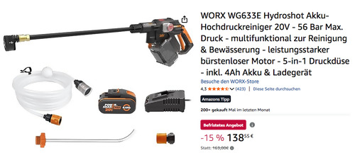 WORX WG633E Hydroshot Akku-Hochdruckreiniger inkl. 4Ah Akku & Ladegerät
