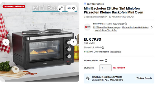 Zilan 3in1 Mini Backofen mit 2 Kochplatten