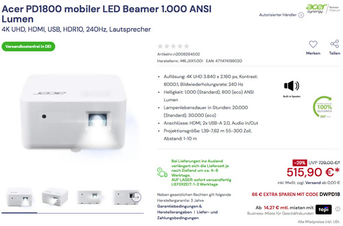 Acer PD1800 mobiler LED Beamer, 1000 ANSI Lumen