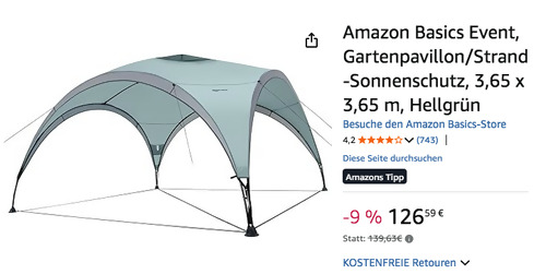Amazon Basics 3,65 x 3,65 m Event, Gartenpavillon/Strand-Sonnenschutz in Hellgrün Amazon Basics 3,65 x 3,65 m Event, Gartenpavillon/Strand-Sonnenschutz in Hellgrün