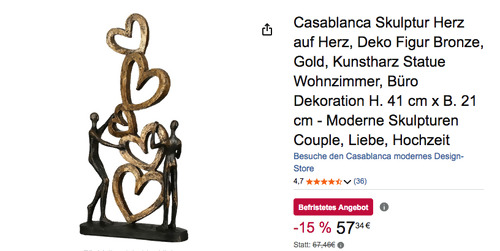Casablanca 89269 Skulptur Herz auf Herz, 41 x 21 x 6,5 cm