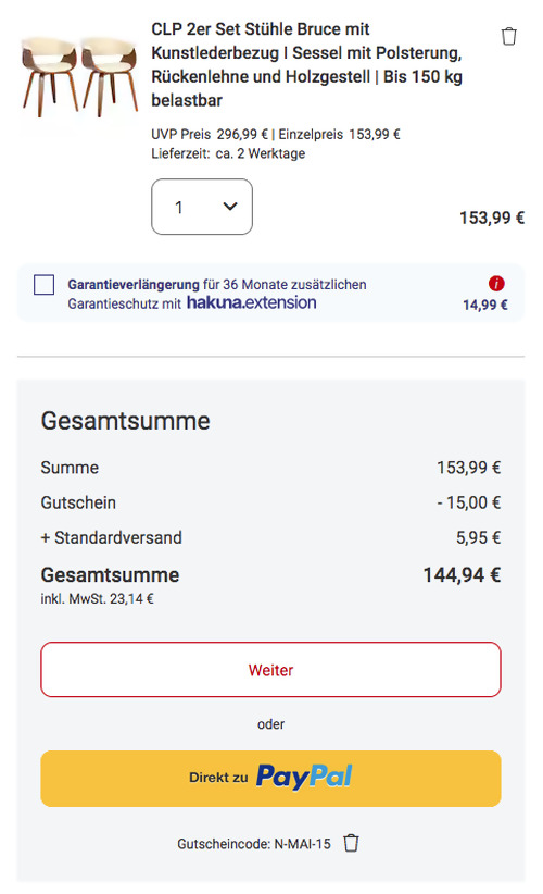 CLP 2er Set Stühle Bruce mit Kunstlederbezug in Creme, Bugholz